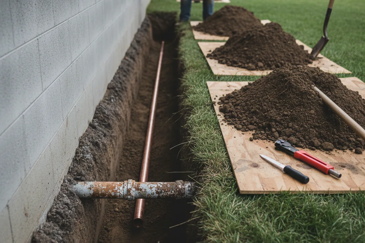 Excavated water line trench during Sewer Line Repair in Kearney